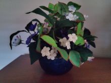 Blue Bowl of Purple and White Violets